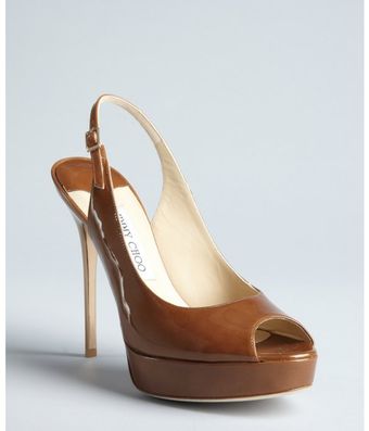  Tan Patent Leather Shaw Peep Toe Slingback Pumps 