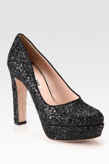 Miu Miu Glitter Leather Platform Pumps - Lyst
