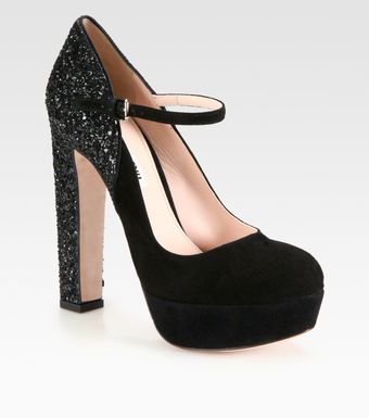 Miu Miu Glitter Suede Mary Jane Pumps - Lyst