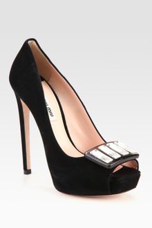 Miu Miu Jeweled Suede Peep Toe Buckle Pumps - Lyst