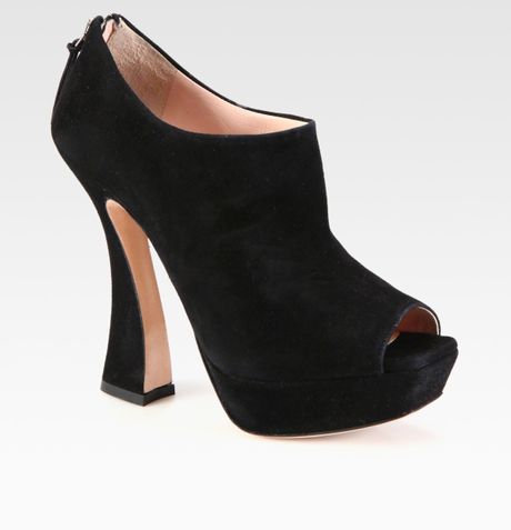 Miu Miu Suede Peep Toe Ankle Boots in Black - Lyst