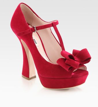 Miu Miu Suede Peep Toe T-strap Bow Pumps - Lyst