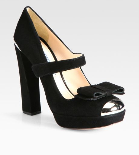 Prada Suede Mary Jane Toe Cap Pumps in Black - Lyst