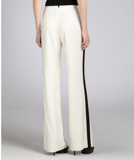 Adam Ivory and Black Stripe Wool Cashmere Blend Wide Leg Tuxedo Pant in