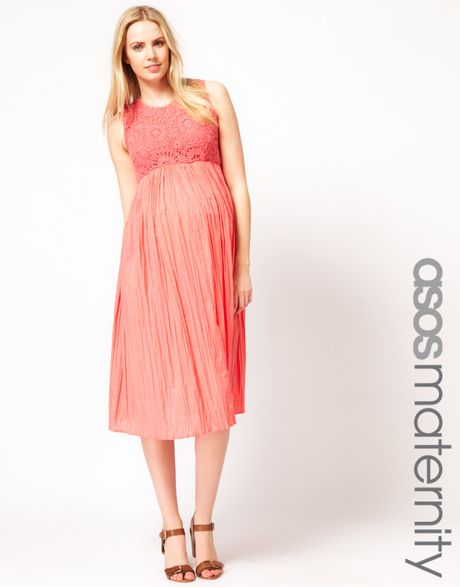 Asos Asos Maternity Exclusive Crochet Lace Midi Dress In Pink Coral Lyst 