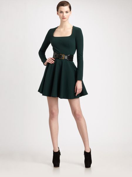 Alexander Mcqueen Stretch Wool Jersey Godet Dress in Green - Lyst