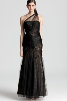 Ml Monique Lhuillier One Shoulder Gown Tulle Overlay - Lyst
