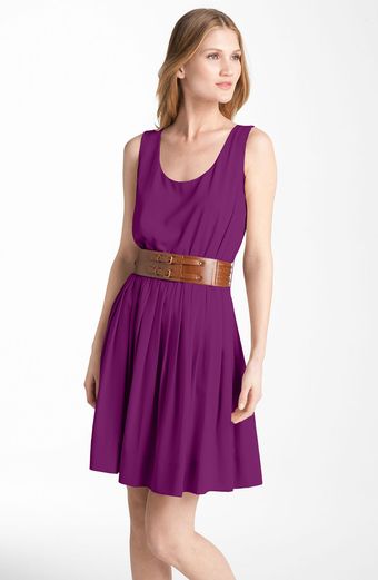 Calvin Klein Scoop Neck Pleated Chiffon Dress - Lyst