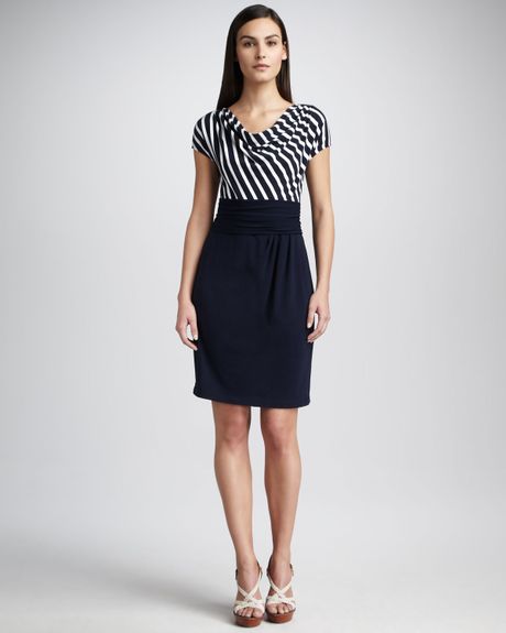 Dkny Striped Drapeneck Dress in Blue (fnavy) - Lyst
