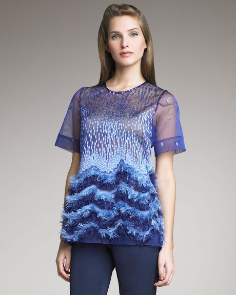 Lela Rose Dotted Organza Fringe Top in Blue (navy) - Lyst
