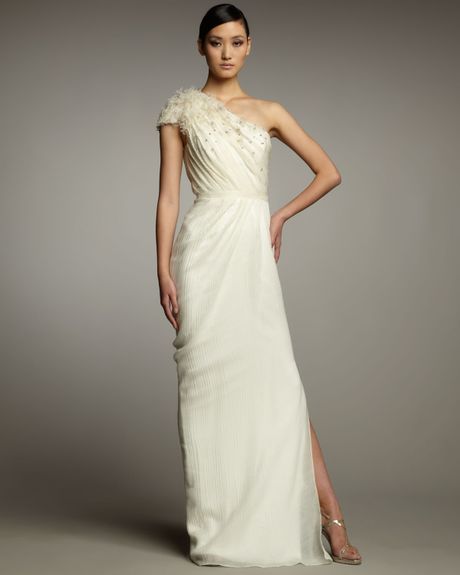 Pamella Roland Oneshoulder Textured Organza Gown in White (ivory) - Lyst