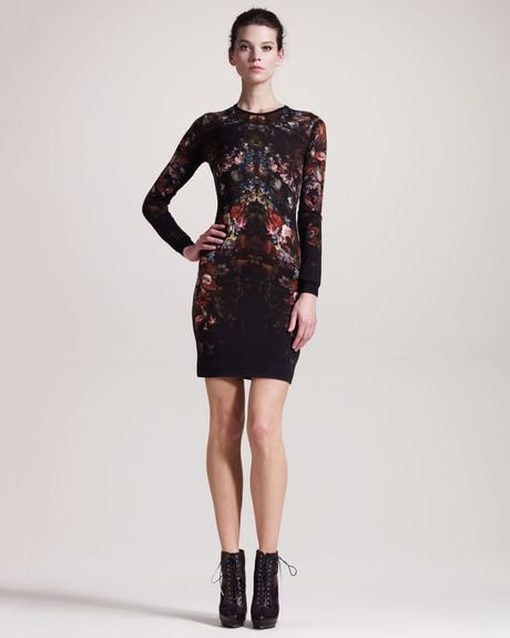 Alexander Mcqueen Engineered Floralprint Intarsia Dress in Black - Lyst