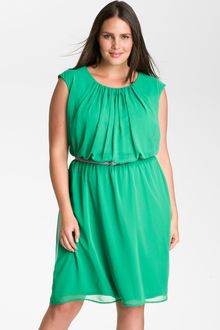 Calvin Klein Belted Blouson Chiffon Dress - Lyst