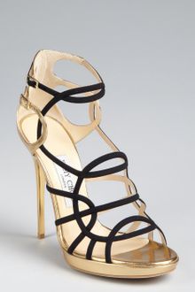 Jimmy Choo Black and Gold Leather Bunting Caged Sandals - Lyst
