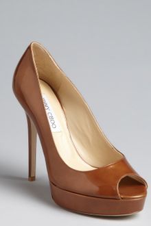 Jimmy Choo Tan Patent Leather Crown Peep Toe Platform Pumps - Lyst