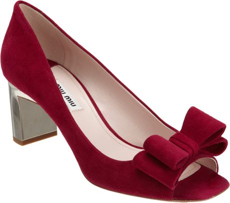 Miu Miu Double Bow Peep Toe Pump in Red (silver) - Lyst