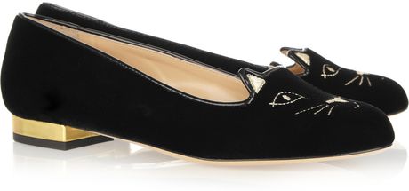Charlotte Olympia Kitty Embroidered Velvet Flats in Black - Lyst