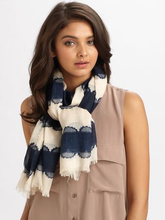 Tory Burch Silk Striped Lace Logo Scarf - Lyst