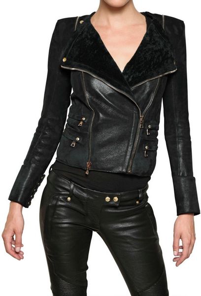 Balmain Shearling Biker Style Leather Jacket in Black - Lyst