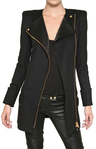 Balmain Silk Satin Trim Wool Cloth Coat in Black - Lyst