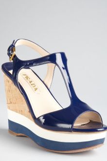 Prada Royal Blue Patent Leather Tstrap Wedge Sandals - Lyst