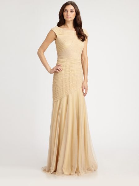 Tadashi Shoji Ruched Gown in Gold - Lyst