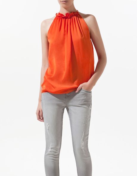 Zara Top with Metallic Chain Halter Neck in Orange | Lyst