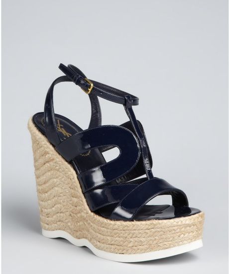 Yves Saint Laurent Navy Patent Leather Strappy Wedge Saint Malo Espadrilles in Black (navy) - Lyst