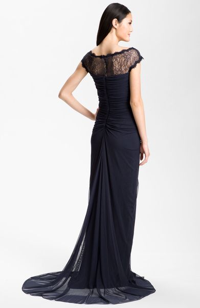 Tadashi Shoji Lace Illusion Yoke Ruched Mesh Gown In Blue Navy Lyst