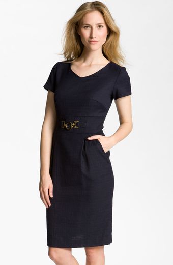 Tahari By Arthur S. Levine Gold Buckle Tweed Sheath Dress - Lyst