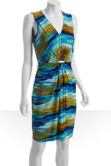 Calvin Klein Turquoise Diamond Print Jersey Gathered Waist Dress - Lyst