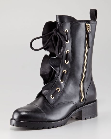 Valentino Ruffled Laceup Biker Boot in Black - Lyst