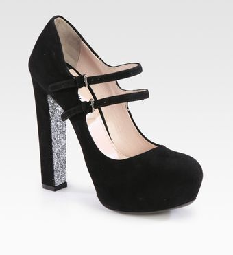 Miu Miu Suede Glitter Sole Double Buckle Mary Jane Pumps - Lyst