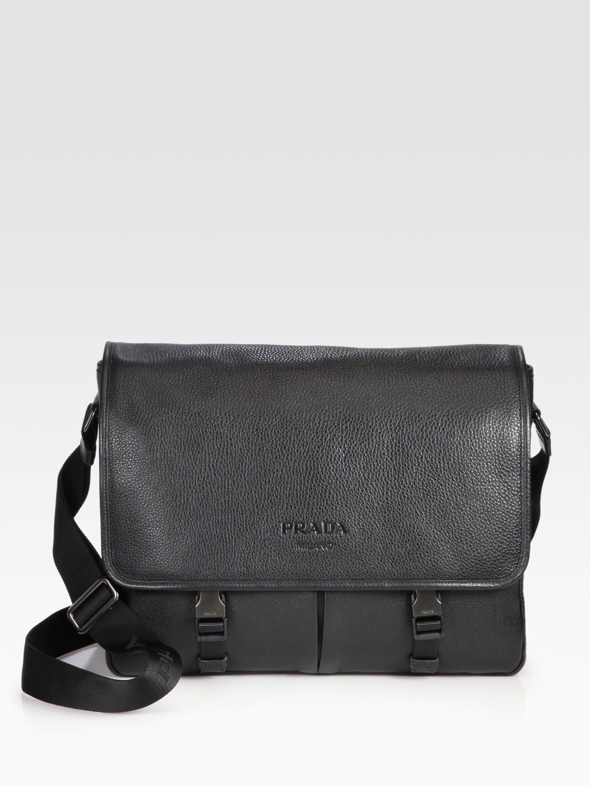 Prada Pebbled Leather Messenger Bag in Black for Men | Lyst