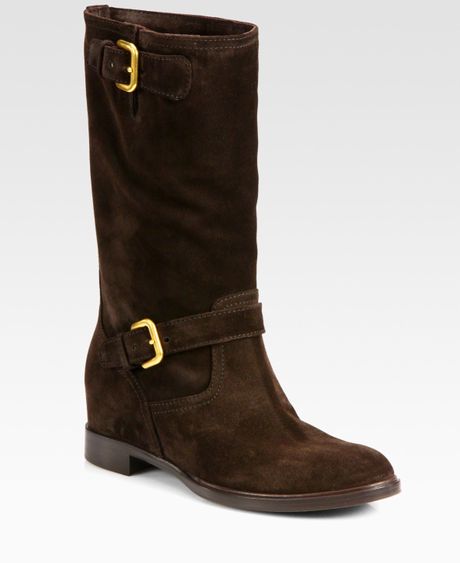 Prada Suede Double Buckle Boots in Brown - Lyst