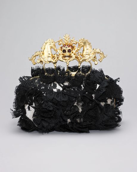 Alexander Mcqueen Lace Unicorn Skull Clasp Clutch in Black (black flesh) - Lyst