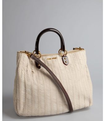 Miu Miu Cream Woven Leather Convertible Tote - Lyst