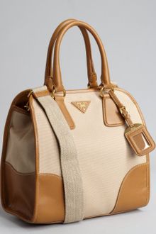 Prada Beige and Camel Canvas Structured Convertible Tote - Lyst