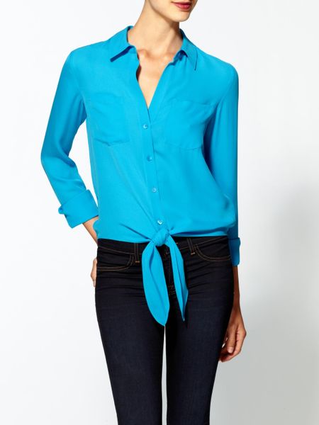 Theory Orencia Tie Front Silk Blouse in Blue (neone blue) | Lyst