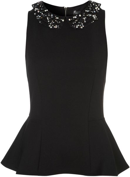 Topshop Embellished Collar Peplum Top in Black - Lyst