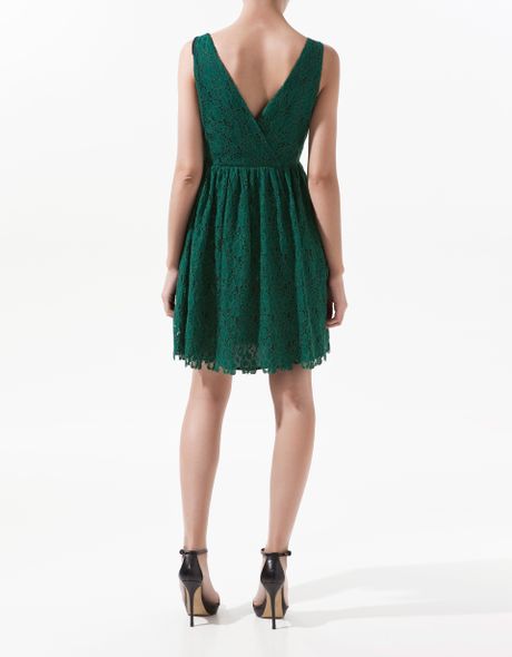 Details about ZARA Lace Cocktail Dress Deep V Neck Green Size XS