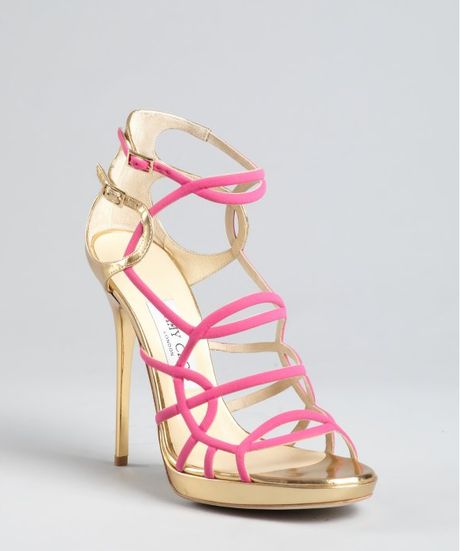 Jimmy Choo Hot Pink and Gold Leather Bunting Caged Sandals in Pink - Lyst