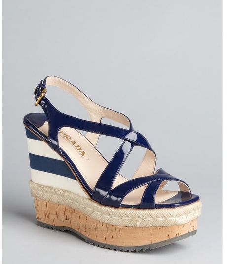 Prada Royal Blue Patent Leather Striped Wedge Sandals in Blue - Lyst