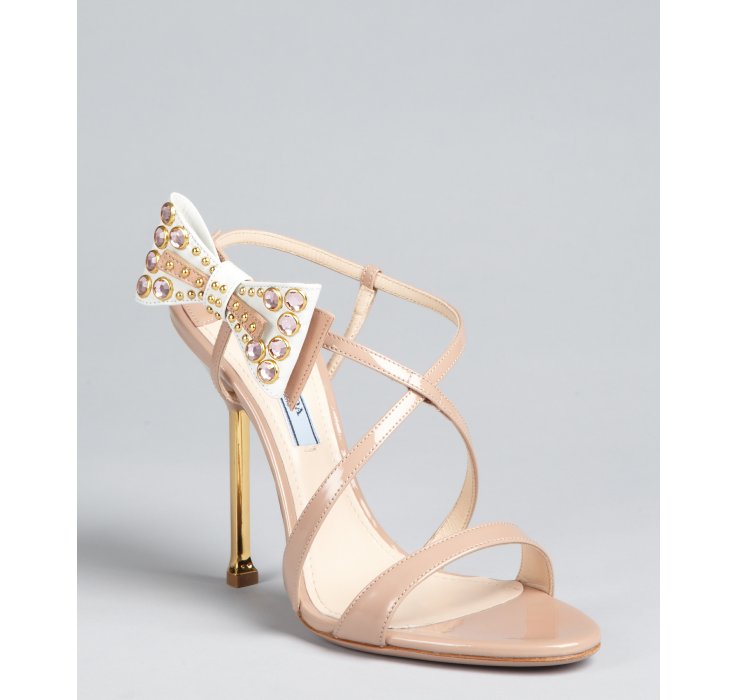 Lyst Prada Nude Patent Leather Bow Detail Strappy Sandals In Natural