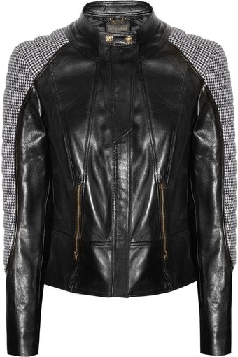 Versace Houndstooth Paneled Leather Jacket - Lyst