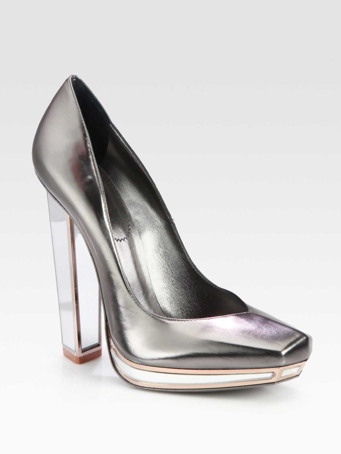 Saint Laurent Metallic Leather Mirror Heel Platform Pumps in Silver