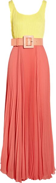 Alice + Olivia Leila Belted Colorblock Crepe Maxi Dress in Yellow - Lyst