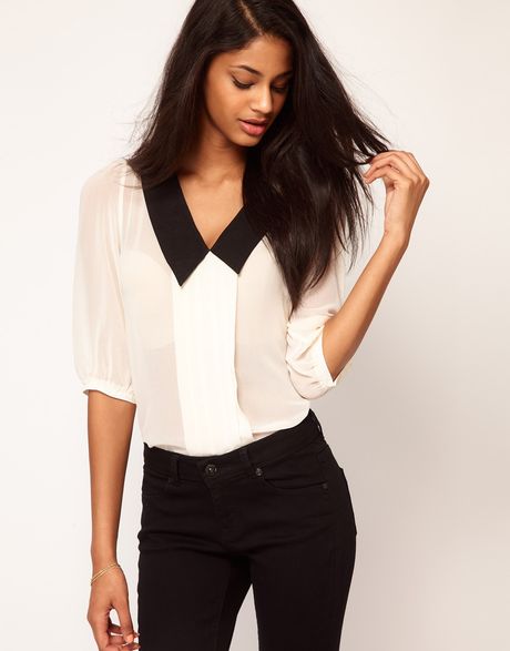 Asos Collection Asos Blouse with Pintucks and Contrast Collar in White (cream) - Lyst