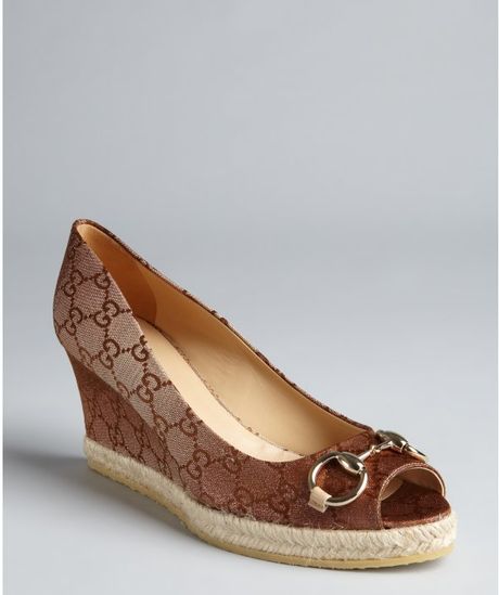 Gucci Brown Gg Canvas Charlotte Opentoe Espadrille Wedges in Brown