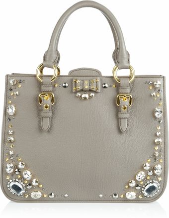 Miu Miu Crystal Embellished Studded Leather Tote - Lyst